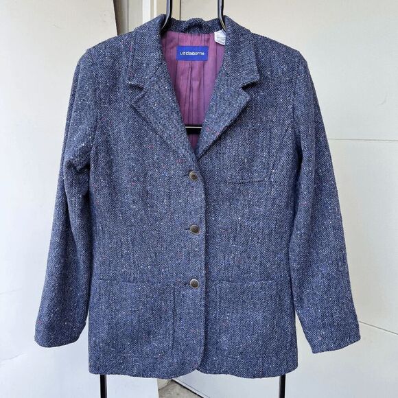 Vintage Liz Claiborne Wool Blend Speckled Blue Tweed Blazer, SZ 12 NWOT - Picture 1 of 9